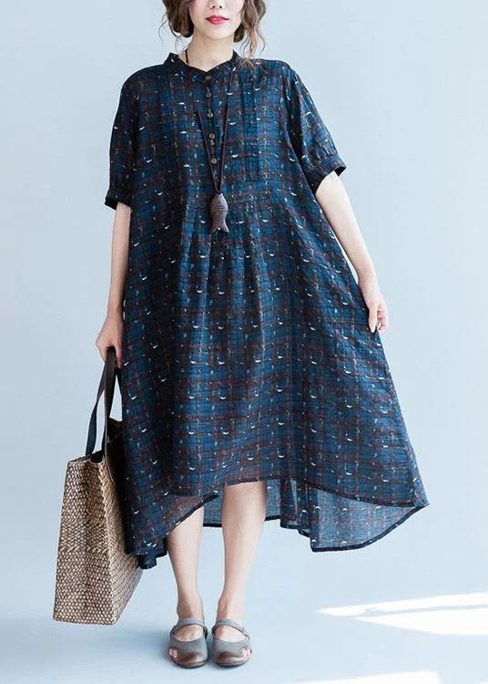 Classy blue plaid cotton dresses stand collar Plus Size summer Dress