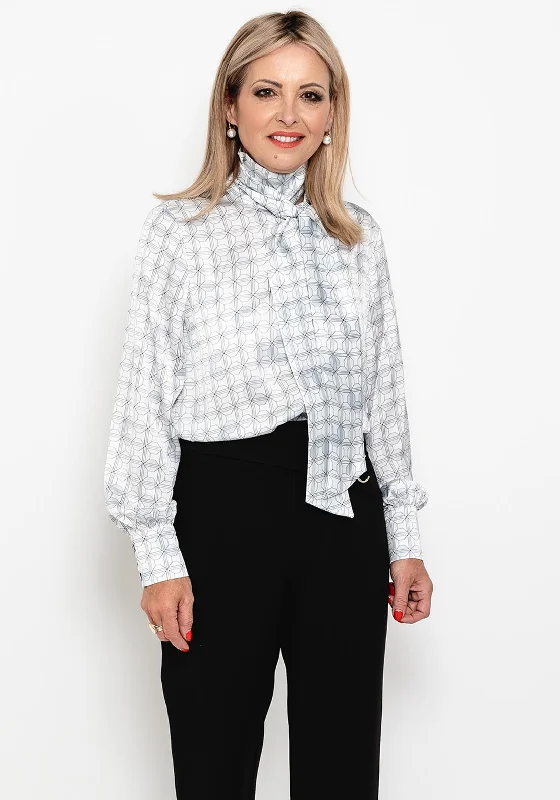 Camelot Geo Print Bow Neck Blouse, White