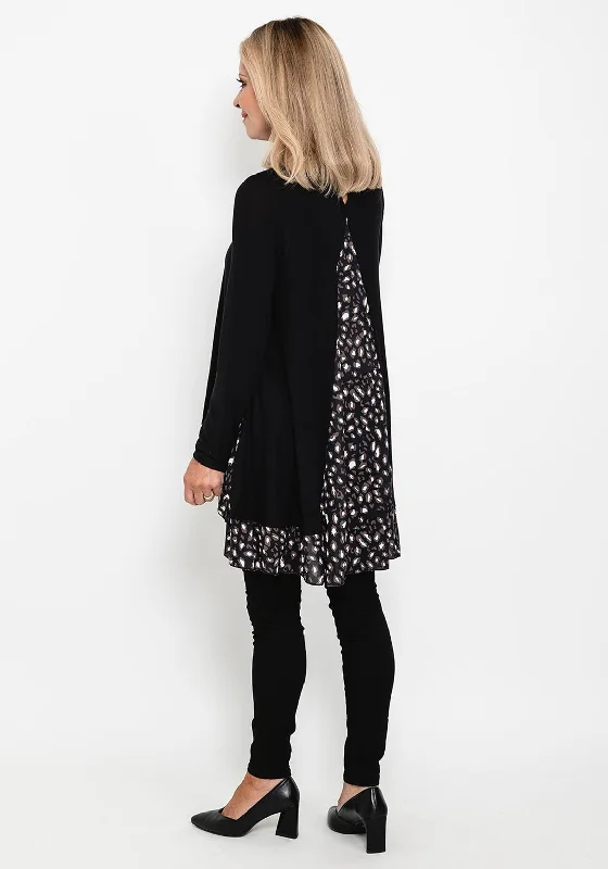 Seventy1 Printed Chiffon Mix Knit Oversize Long Top, Black Multi