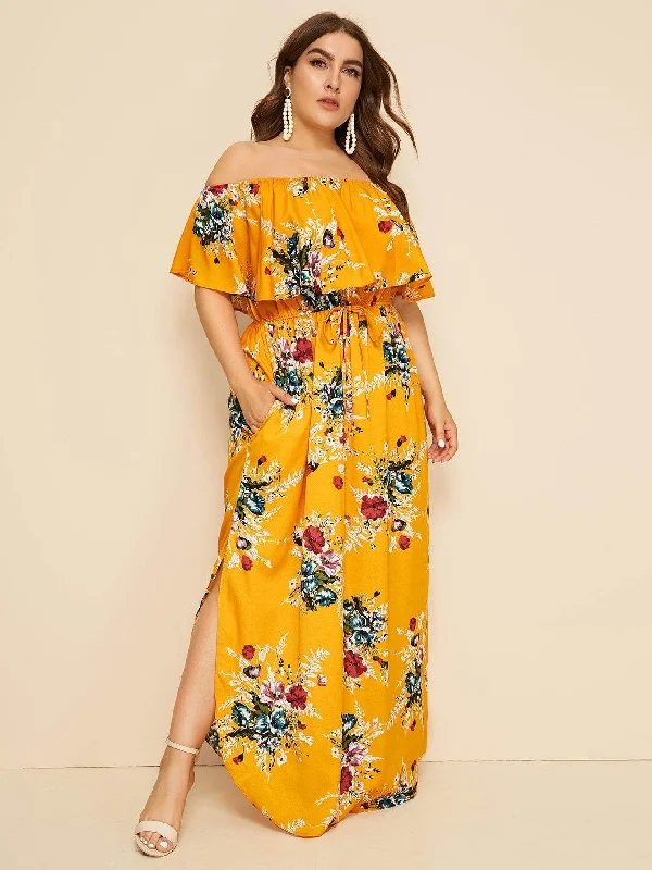 Plus Floral Print Drawstring Waist Off Shoulder Dress