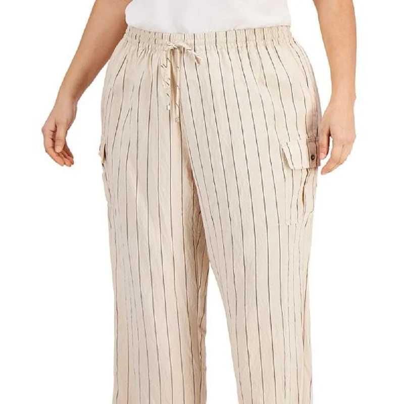 Calvin Klein Women's Plus Striped Rumpled Wide Leg Cargo Pants Brown Size 2X