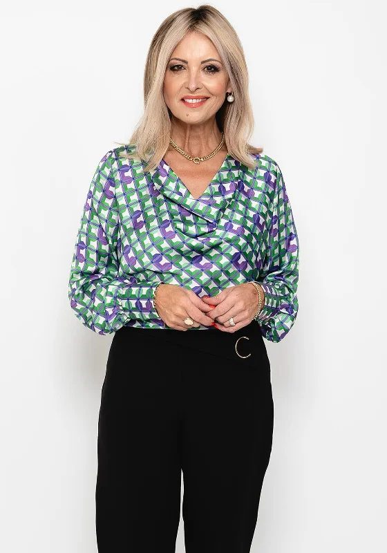 Camelot Geo Print Cowl Neck Top, Green & Purple
