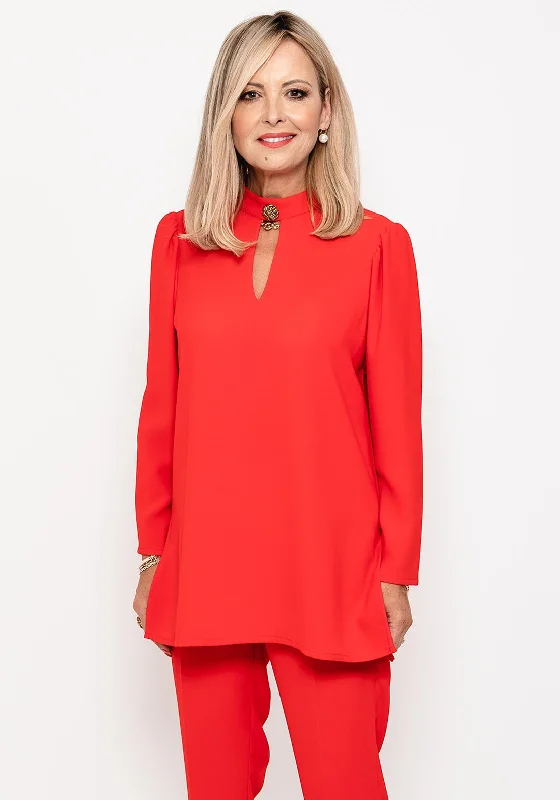 Camelot Brooch Neck Long Top, Red