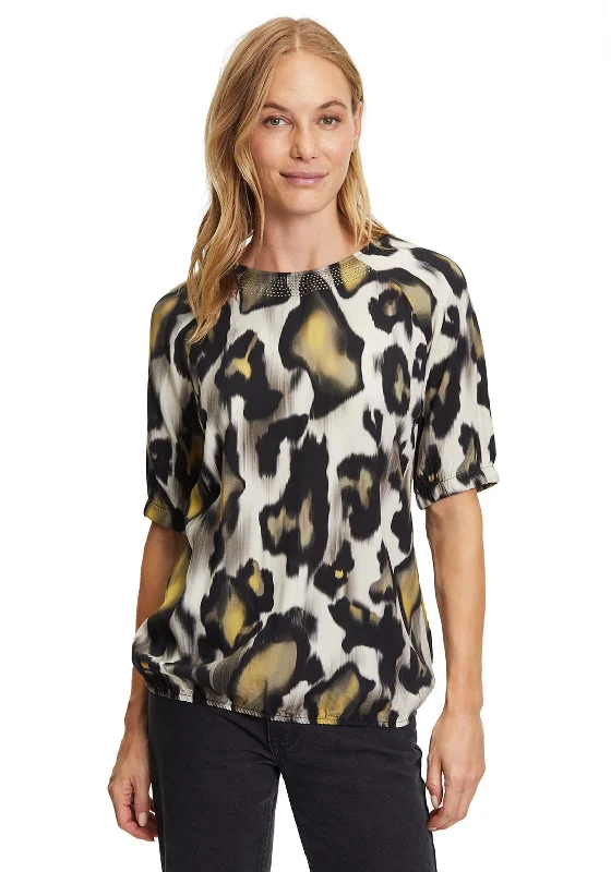 Betty Barclay Rhinestone Neck Animal Print Top, Black Multi