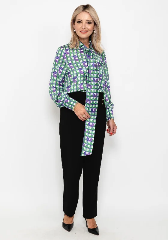 Camelot Geo Print Bow Neck Blouse, Green & Purple