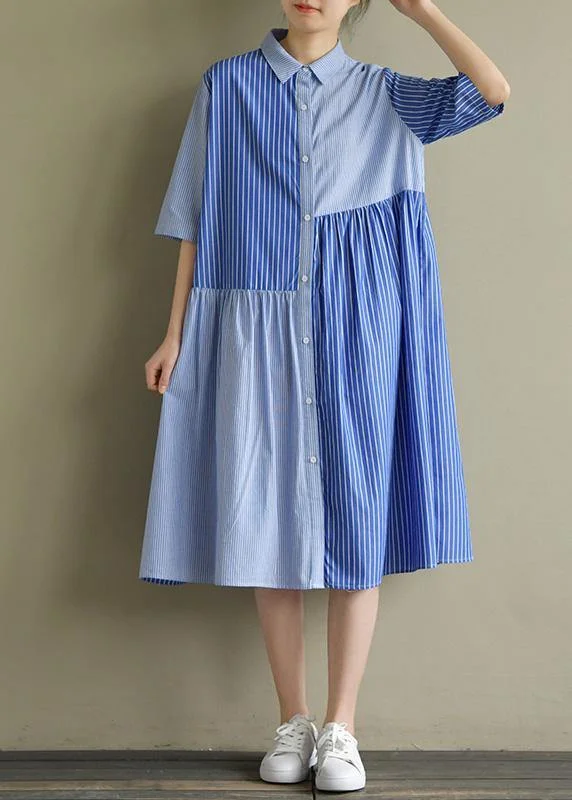 Bohemian lapel half sleeve Cotton Tunic Sewing blue striped Dress summer