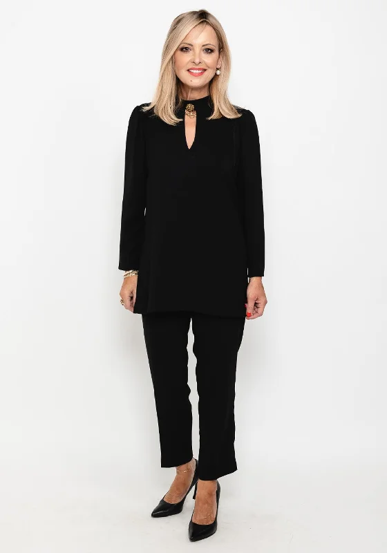 Camelot Brooch Neck Long Top, Black