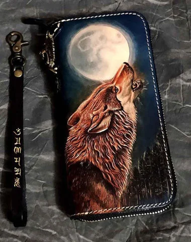 Badass Black Leather Men's Long Biker Wallet Wolf Handmade Tooled Zipper Long Wallets For Men Badass Black Leather Men's Long Biker Wallet Wolf Handmade Tooled Zipper Long Wallets For Men