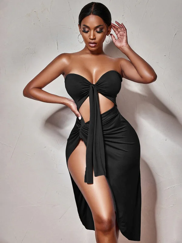 Women's Solid Color Strapless Wrap Front Tie Cutout Slit Midi Dress