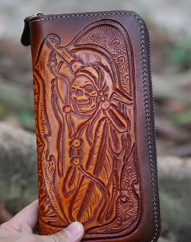 Leather Skull Tooled Mens Handmade Long Wallet Cool Death Zip Leather Wallet Clutch Wallet for Men Leather Skull Tooled Mens Handmade Long Wallet Cool Death Zip Leather Wallet Clutch Wallet for Men