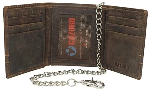 RFID Blocking Men's Chain Biker Vintage Genuine Leather Slim Trifold Wallet