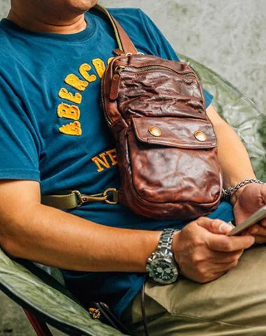 Fashion Black Leather Men Sling Bag Chest Bag Army Green Leather Sling Pack One Shoulder Backpack For Men Fashion Black Leather Men Sling Bag Chest Bag Army Green Leather Sling Pack One Shoulder Backpack For Men