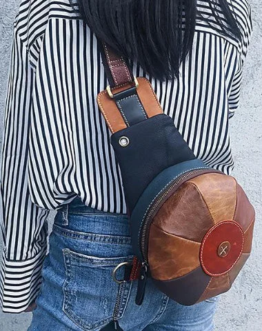 Stitched Brown Leather Men's Sling Bag Circle Shoulder Bag Chest Bag One Shoulder Backpack For Men Stitched Brown Leather Men's Sling Bag Circle Shoulder Bag Chest Bag One Shoulder Backpack For Men