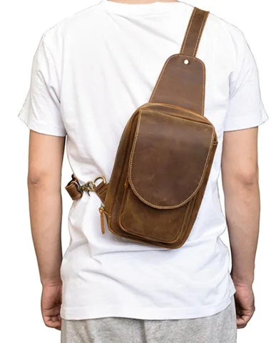 Leather Men's 8 inches Brown Sling Bag Chest Bag Dark Brown One Shoulder Backpack For Men Leather Men's 8 inches Brown Sling Bag Chest Bag Dark Brown One Shoulder Backpack For Men