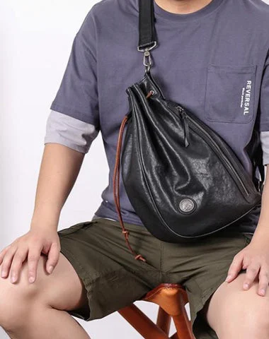 Cool Black Leather Men's Sling Pack Chest Bag One shoulder Backpack Crossbody Pack For Men Cool Black Leather Men's Sling Pack Chest Bag One shoulder Backpack Crossbody Pack For Men