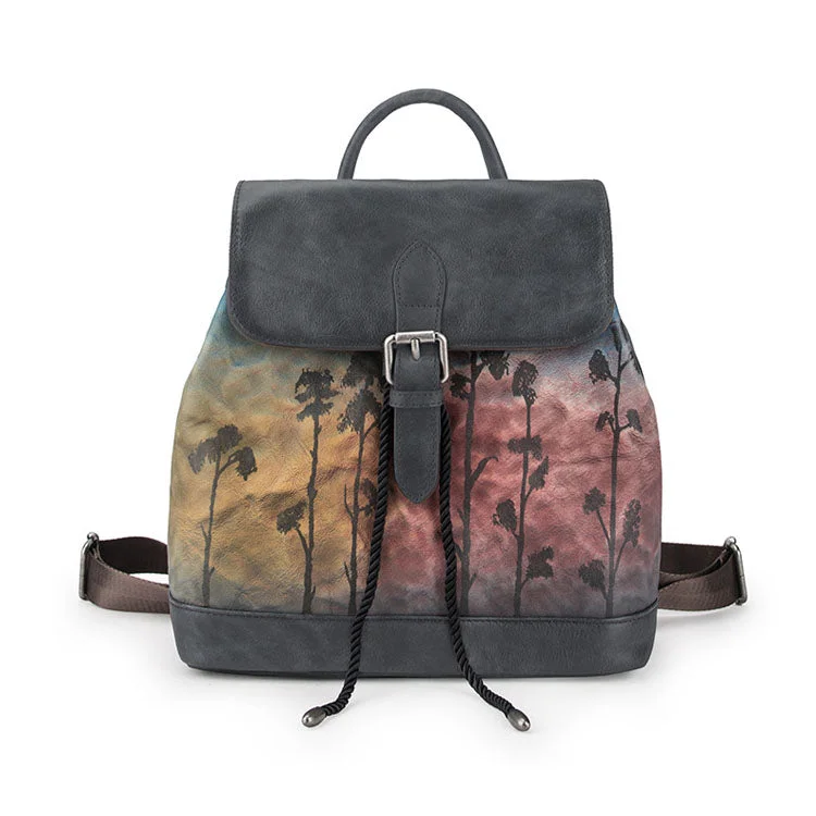 Ladies Square Leather Flap Backpack Purse Drawstring Backpacks for Women