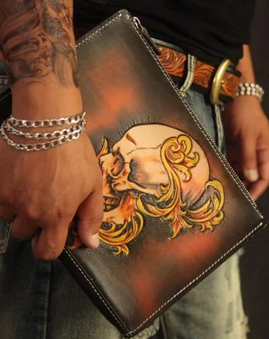 Cool Handmade Tooled Leather Tan Floral Skull Clutch Wallet Wristlet Bag Clutch Purse For Men Cool Handmade Tooled Leather Tan Floral Skull Clutch Wallet Wristlet Bag Clutch Purse For Men