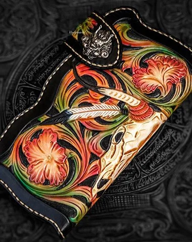 Handmade Leather Black Mens Tooled Skull Chain Biker Wallet Cool Leather Wallet Long Clutch Wallets for Men Handmade Leather Black Mens Tooled Skull Chain Biker Wallet Cool Leather Wallet Long Clutch Wallets for Men