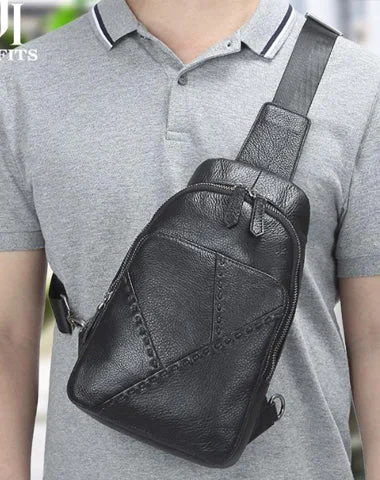 Black Leather Men's 8-inch One shoulder Backpack Sling Bag Black Chest Bag Sports Bag For Men Black Leather Men's 8-inch One shoulder Backpack Sling Bag Black Chest Bag Sports Bag For Men