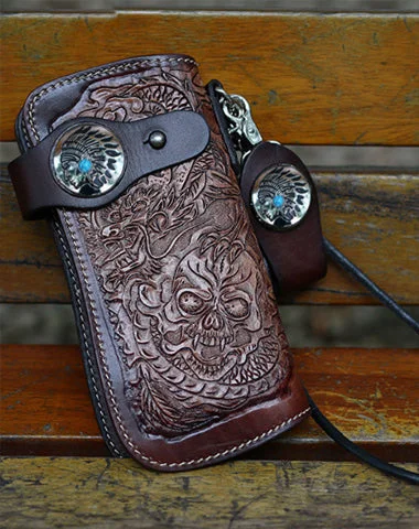 Cool Brown Leather Tooled Biker Wallet Handmade Dragon&Skull Biker Chain Wallet for Men Cool Brown Leather Tooled Biker Wallet Handmade Dragon&Skull Biker Chain Wallet for Men