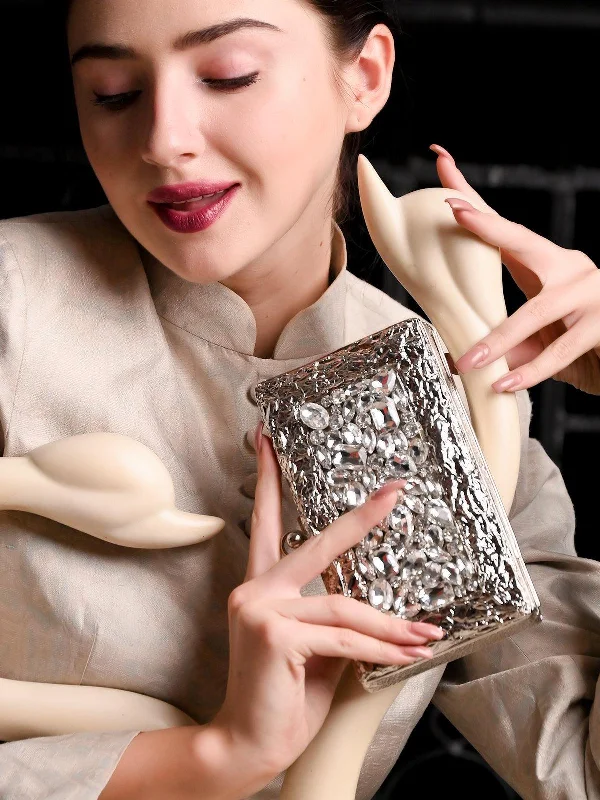 Odette Women Silver Metallic Crystal Clutch