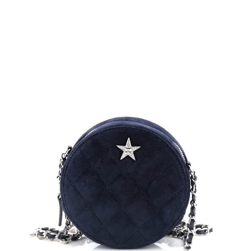Star Round Clutch with Chain Quilted Suede with Crystal Embellished Charms