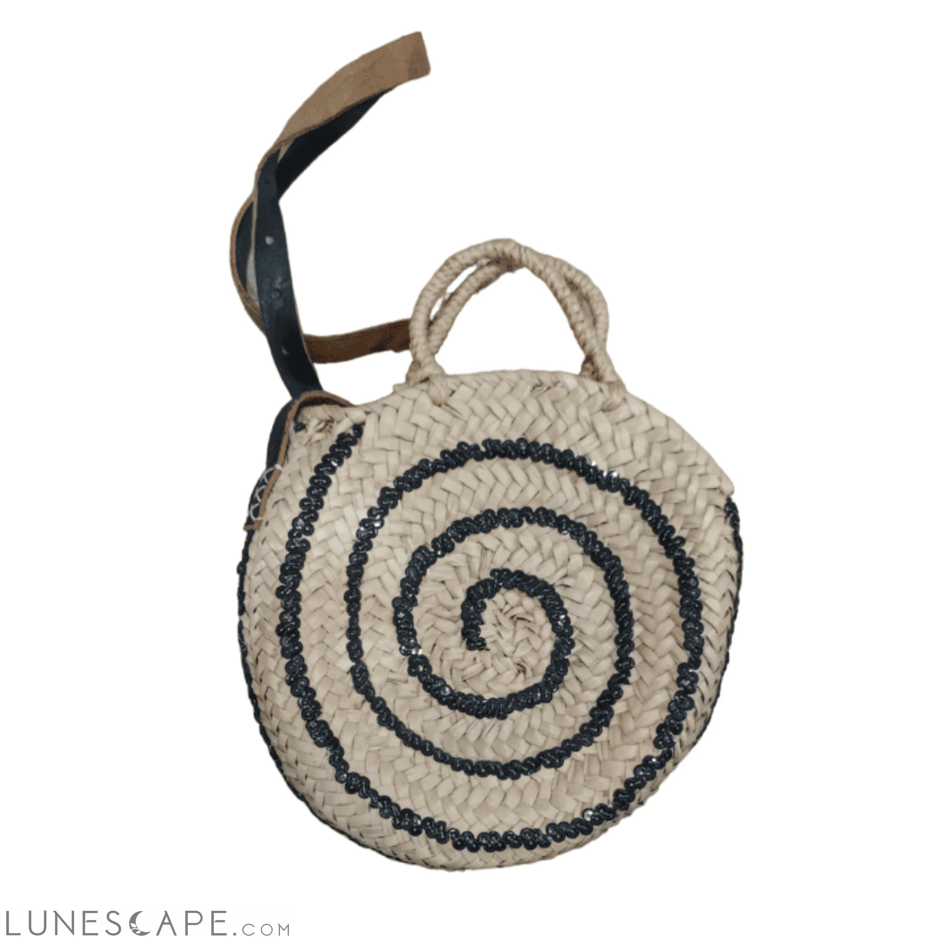 Sac Labyr Spiral Raffia & Black Sequins Round Leather Strap Handmade Bag