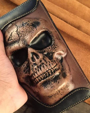 Handmade Genuine Leather Mens Clutch Cool Long Wallet Skull Zipper Clutch Wristlet Wallet for Men Handmade Genuine Leather Mens Clutch Cool Long Wallet Skull Zipper Clutch Wristlet Wallet for Men