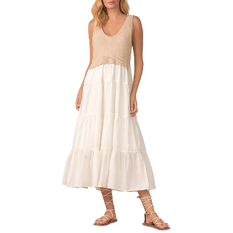 Elan Womens Mixed Media Sleeveless Midi Dress
