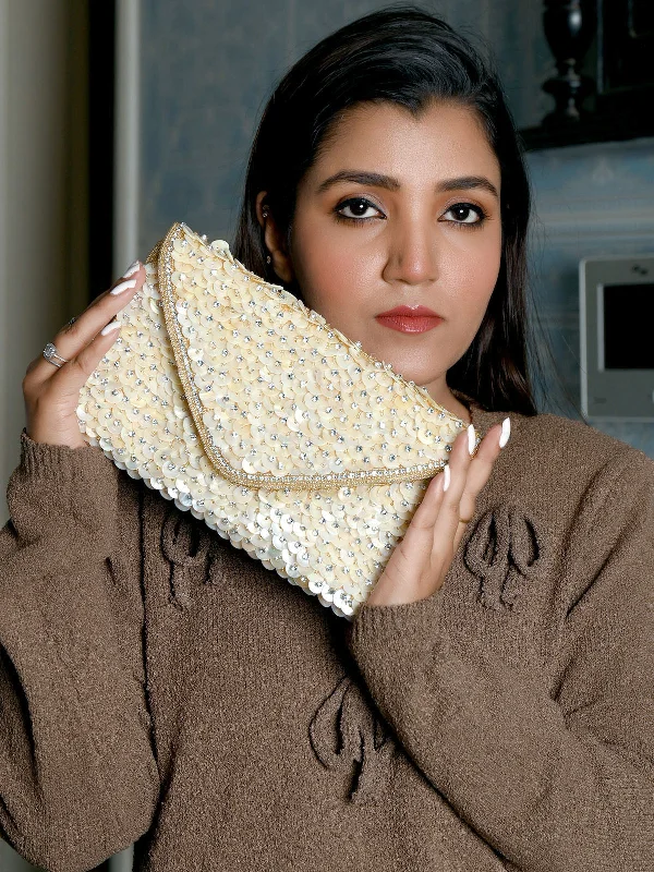 Odette Golden Jute Mother Of Pearl Embellished Bead work With Silver Stone Clutch For Women