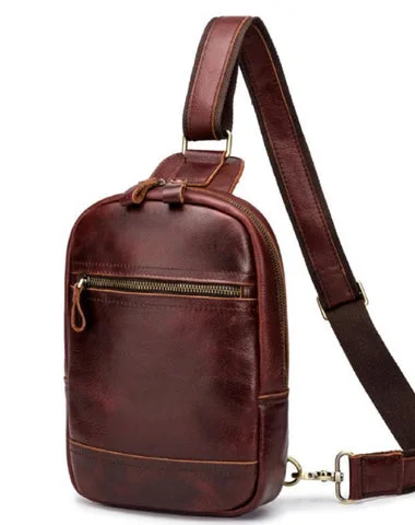 Brown Leather Men's Sling Bag Red Brown Chest Bag 8 inches One Shoulder Backpack For Men Brown Leather Men's Sling Bag Red Brown Chest Bag 8 inches One Shoulder Backpack For Men