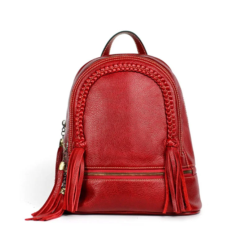 Quilted Womens Small Brown Leather Backpack Purse with Fringe for Women