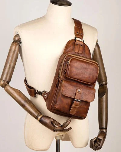 Casual Brown Leather Mens Sling Pack Sling Bag Chest Bags One Shoulder Backpack for Men Casual Brown Leather Mens Sling Pack Sling Bag Chest Bags One Shoulder Backpack for Men