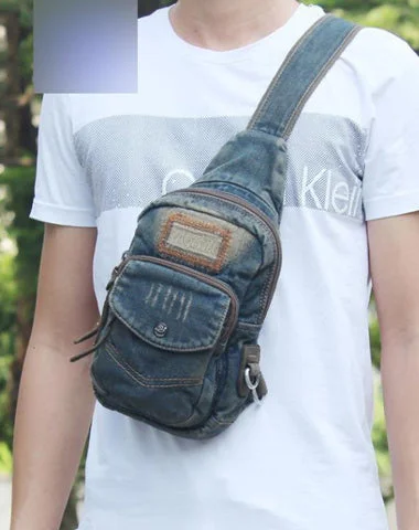 Fashion Jean Blue Mens Sling Bag Chest Bags Blue Denim One Shoulder Backpacks Sling Pack For Men Fashion Jean Blue Mens Sling Bag Chest Bags Blue Denim One Shoulder Backpacks Sling Pack For Men
