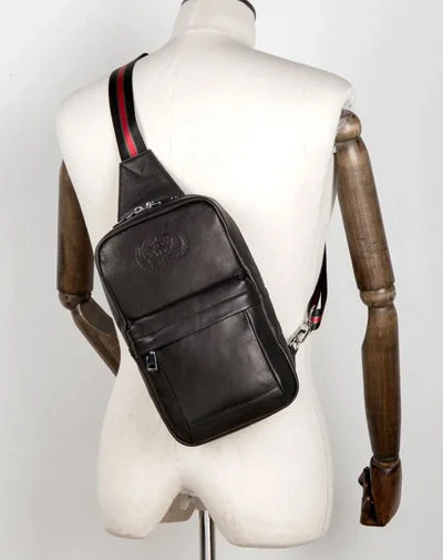 Cool Black Leather Mens Sling Bags Crossbody Pack Black Chest Bags One Shoulder Backpack for men Cool Black Leather Mens Sling Bags Crossbody Pack Black Chest Bags One Shoulder Backpack for men