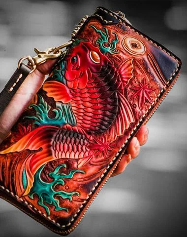 Leather Tooled Carp Mens Chain Wallets Biker Wallets Cool Leather Wallet Long Wallets for Men Leather Tooled Carp Mens Chain Wallets Biker Wallets Cool Leather Wallet Long Wallets for Men