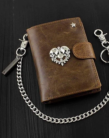 Cool Leather Men's Trifold Punk Ghost Head Skull Biker Wallet Brown Chain Wallets Wallet with chain For Men Cool Leather Men's Trifold Punk Ghost Head Skull Biker Wallet Brown Chain Wallets Wallet with chain For Men