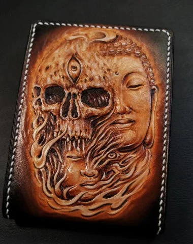 Handmade Leather Skull and Buddha Tooled Mens billfold Wallet Cool Leather Card Wallet Slim Wallet for Men