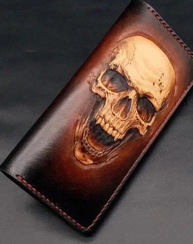 Dark Coffee Handmade Tooled Smiling Skull Leather Mens Bifold Long Wallet Clutch For Men Dark Coffee Handmade Tooled Smiling Skull Leather Mens Bifold Long Wallet Clutch For Men