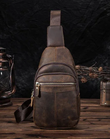 Vintage Brown Leather Men's Sling Bag 8-inches Chest Bag Vintage One shoulder Backpack For Men Vintage Brown Leather Men's Sling Bag 8-inches Chest Bag Vintage One shoulder Backpack For Men