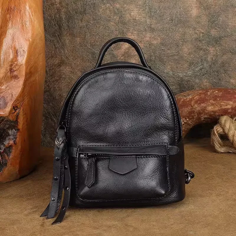 Womens Mini Full Grain Leather Backpack Ladies Black Leather Rucksack
