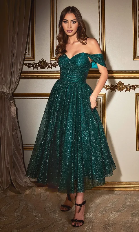 A-Line Glitter Tea Length Off Shoulder Formal Party Dress