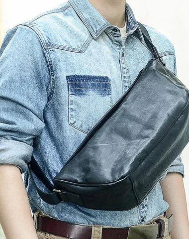 Cool Black Leather Men Chest Bag Large Sling Bag One Shoulder Backpack Sling Packs For Men Cool Black Leather Men Chest Bag Large Sling Bag One Shoulder Backpack Sling Packs For Men