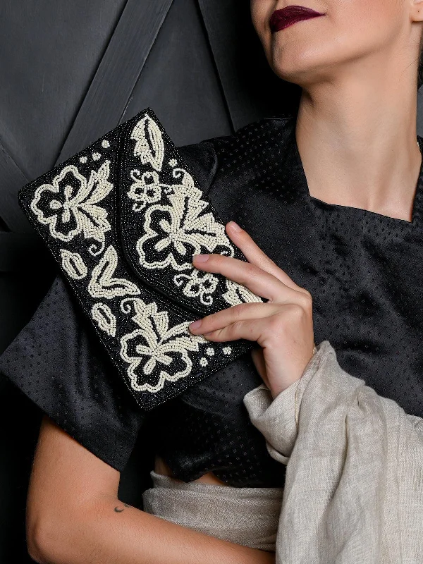 Odette Women Black And White Beads Envelope Clutch