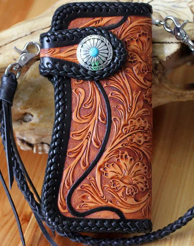 Handmade biker chain wallet tooled floral biker wallet leather Long wallet for men Handmade biker chain wallet tooled floral biker wallet leather Long wallet for men
