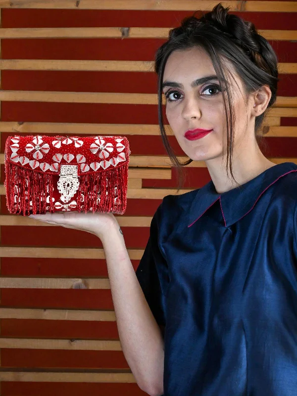 Odette Women Red Beaded Envelope Clutch