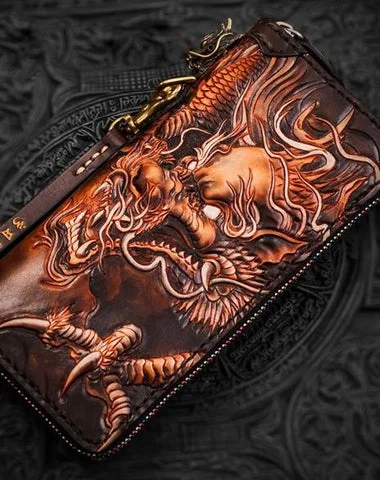 Handmade Leather Tooled Chinese Dragon Mens Chain Biker Wallet Cool Leather Wallet Long Phone Wallets for Men Handmade Leather Tooled Chinese Dragon Mens Chain Biker Wallet Cool Leather Wallet Long Phone Wallets for Men