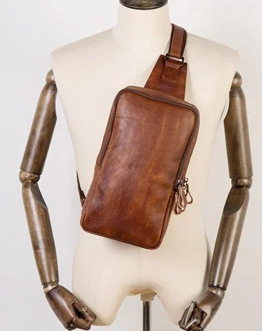 Brown Leather Mens 10 inches Sling Bag Sling Pack Casual Chest Bags One Shoulder Backpack for Men Brown Leather Mens 10 inches Sling Bag Sling Pack Casual Chest Bags One Shoulder Backpack for Men