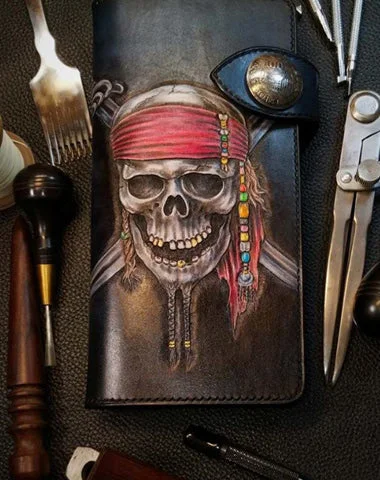Badass Leather Men's Pirate Skull Long Biker Wallet Handmade Tooled Biker Chain Wallets For Men Badass Leather Men's Pirate Skull Long Biker Wallet Handmade Tooled Biker Chain Wallets For Men