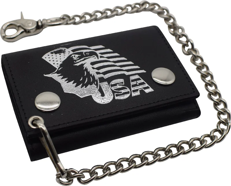 RFID Blocking Men's Tri-fold Biker Cowhide Genuine Leather Steel Chain Eagle USA Wallet Snap closure RFID Blocking Men's Tri-fold Biker Cowhide Genuine Leather Steel Chain Eagle USA Wallet Snap closure